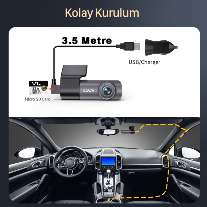 Kawa D5 Gen2 2K 1296P WiFi 145° Geniş Açı Lens Gece Görüşlü 32GB Hafıza Kartlı Akıllı Araç Kamerası