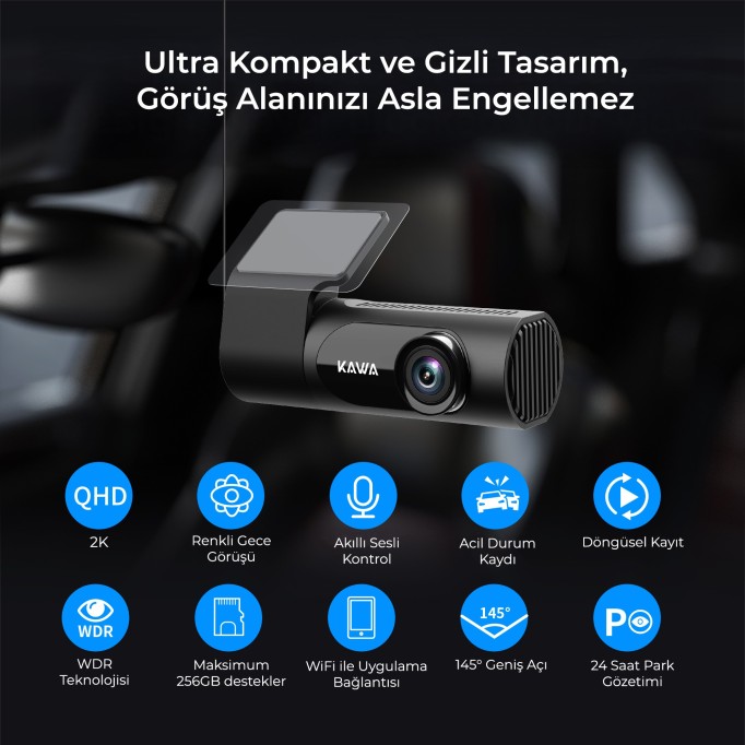 Kawa D6 2K 1440P WiFi Araç Kamerası 145° Geniş Açı WDR Ön Kamera