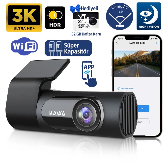 Kawa D6 3K 1620P 145° Geniş Açı Lens DSI-2 Gece Görüşlü G-Sensörlü WDR WiFi Araç Kamerası