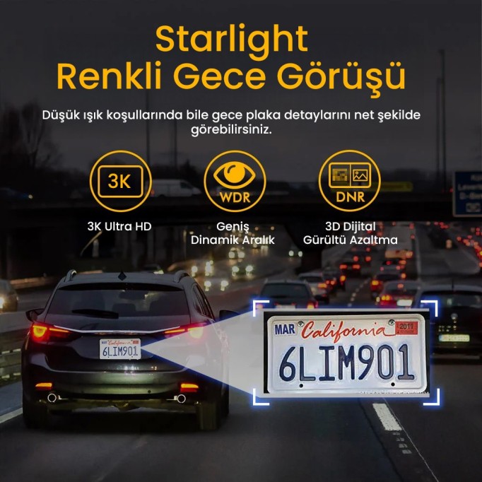Kawa D6 3K 1620P 145° Geniş Açı Lens DSI-2 Gece Görüşlü G-Sensörlü WDR WiFi Araç Kamerası