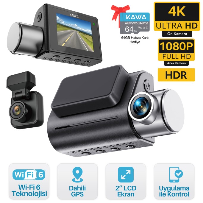 Kawa D7 2 Kameralı Ön ve Arka 4K+1080P HDR Wi-Fi 6 ve GPS'li Araç Kamerası + 64GB Hafıza Kartı