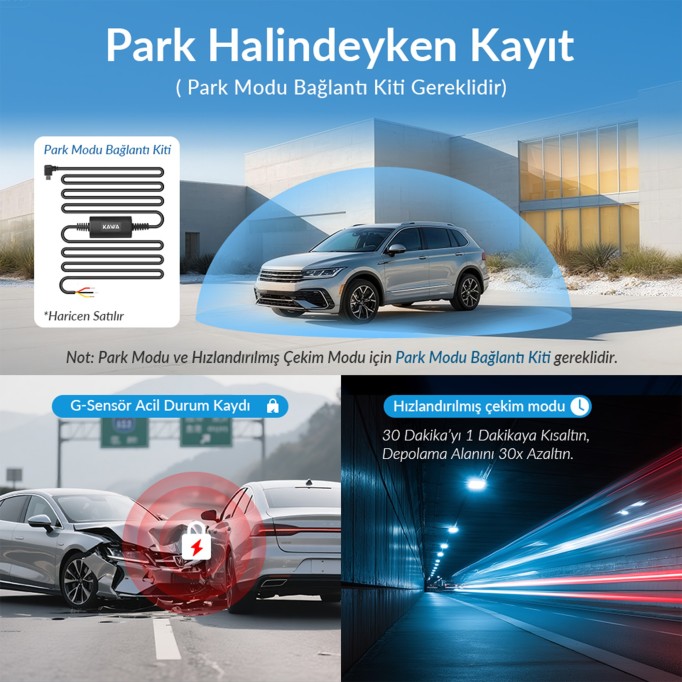 Kawa D7 2 Kameralı Ön ve Arka 4K+1080P HDR Wi-Fi 6 ve GPS'li Araç Kamerası + 64GB Hafıza Kartı