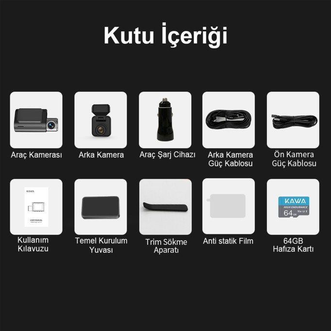 Kawa D7 2 Kameralı Ön ve Arka 4K+1080P HDR Wi-Fi 6 ve GPS'li Araç Kamerası + 64GB Hafıza Kartı