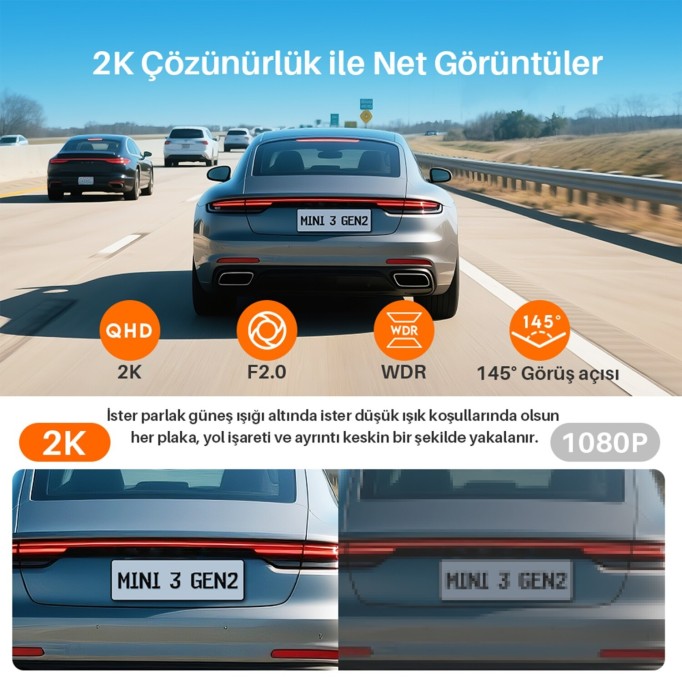 Kawa Mini 3 Gen2 2K 1296P WiFi 145° Geniş Açı Gece Görüşlü 32GB Hafıza Kartlı Akıllı Araç Kamerası
