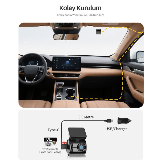 Kawa Mini 3 Gen2 2K 1296P WiFi 145° Geniş Açı Gece Görüşlü 32GB Hafıza Kartlı Akıllı Araç Kamerası