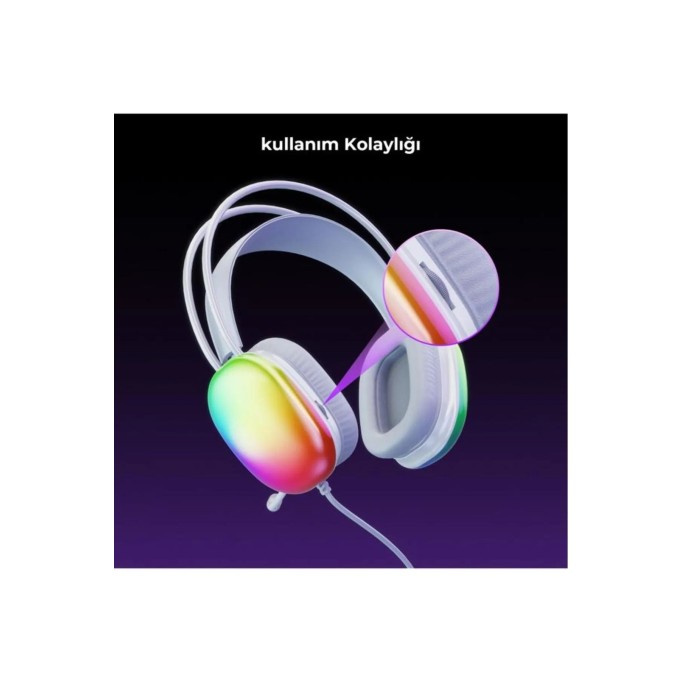 Lecoo HT409 RGB Işıklı USB Mikrofonlu Kablolu Oyuncu Kulak Üstü Gaming Kulaklık Beyaz