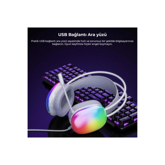 Lecoo HT409 RGB Işıklı USB Mikrofonlu Kablolu Oyuncu Kulak Üstü Gaming Kulaklık Beyaz