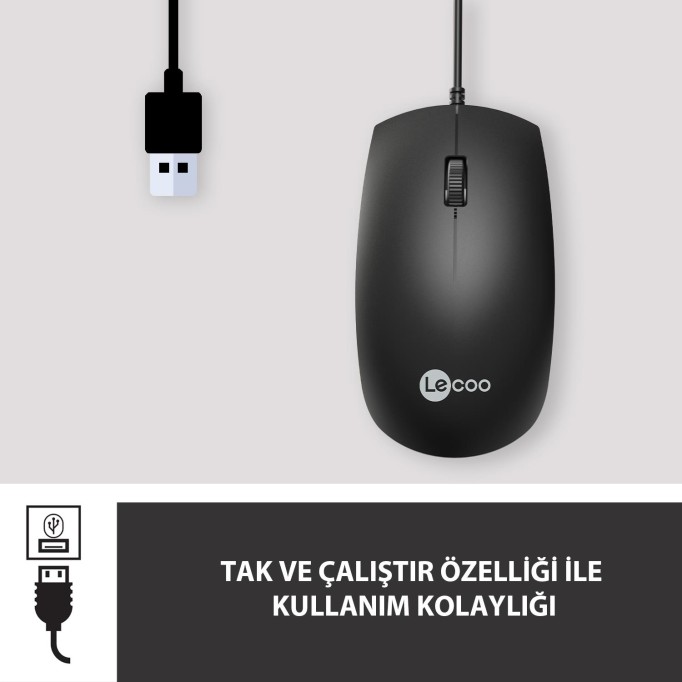 Lecoo MS100 USB Kablolu 1000 DPI 3 Tuşlu Optik Mouse Siyah