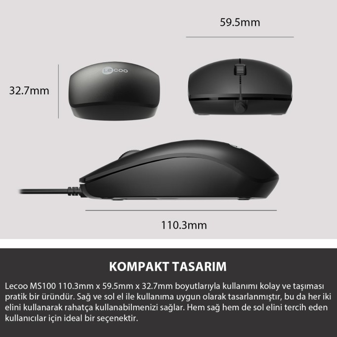 Lecoo MS100 USB Kablolu 1000 DPI 3 Tuşlu Optik Mouse Siyah