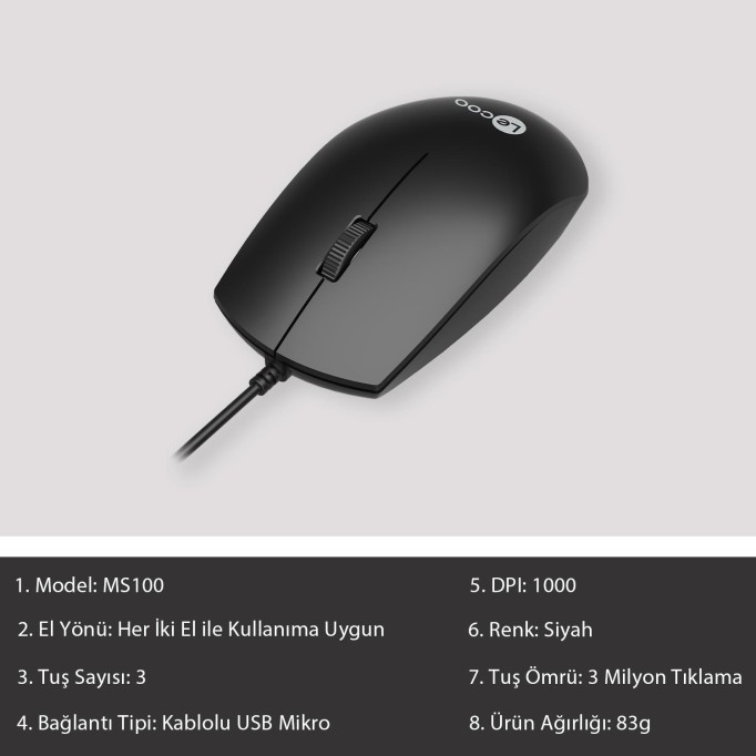 Lecoo MS100 USB Kablolu 1000 DPI 3 Tuşlu Optik Mouse Siyah