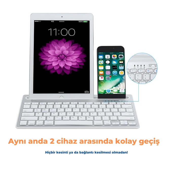 Lenovo Lecoo BK100 Çoklu Cihaz Özellikli Şarj Edilebilir Kablosuz Bluetooth Klavye Beyaz Lenovo Lecoo BK100 Çoklu Cihaz Özellikli Şarj Edilebilir Kablosuz Bluetooth Klavye Beyaz