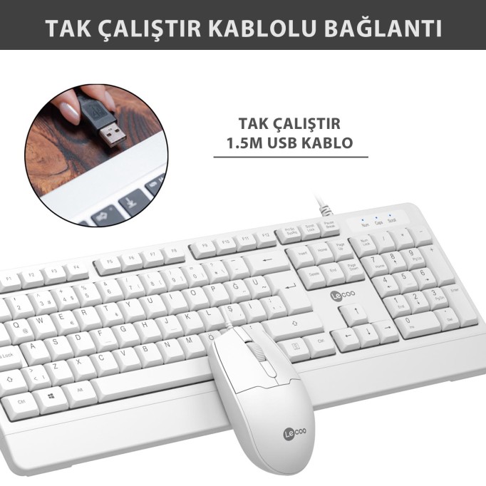 Lenovo Lecoo CM106 USB Kablolu Türkçe Q Klavye & Mouse Set Beyaz
