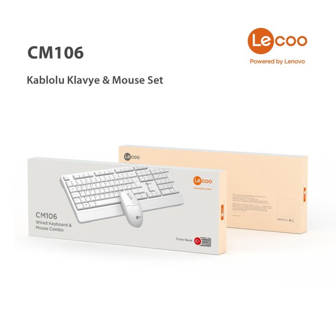 Lenovo Lecoo CM106 USB Kablolu Türkçe Q Klavye & Mouse Set Beyaz