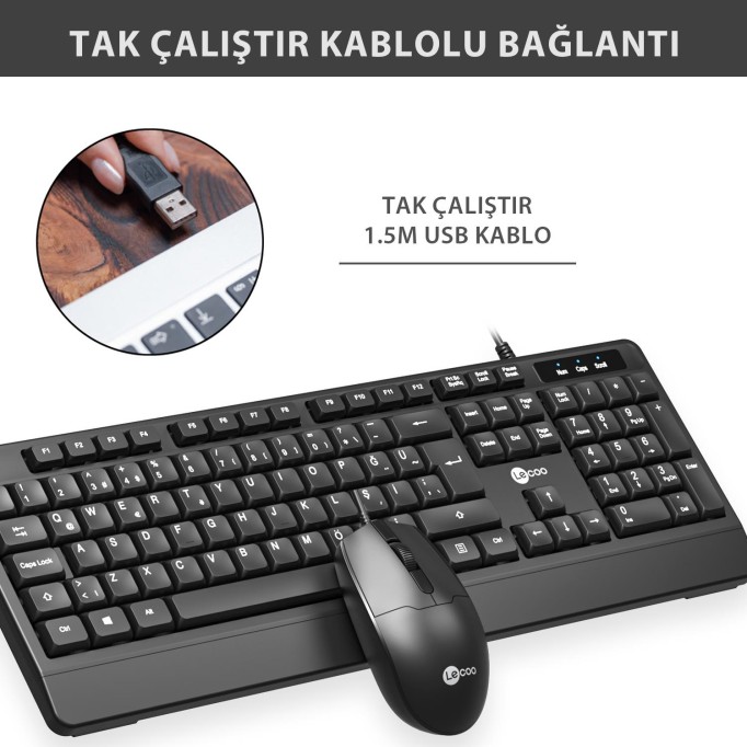 Lenovo Lecoo CM106 USB Kablolu Türkçe Q Klavye & Mouse Set Siyah