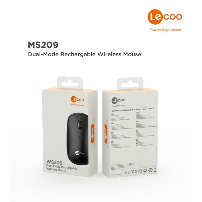 Lenovo Lecoo WS209 Dual Mod Bluetooth ve Kablosuz Şarj Edilebilir Optik Mouse Siyah