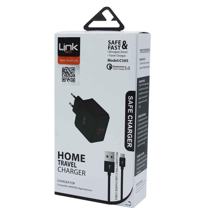 LinkTech C505 Type-C Kablolu Quick Charge 3.0 Hızlı Şarj Aleti Siyah