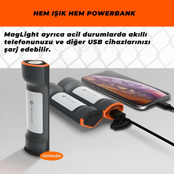 Novoo Mag Flashlight Led El Feneri ve 2500mAh Powerbank Novoo Mag Flashlight Led El Feneri ve 2500mAh Powerbank