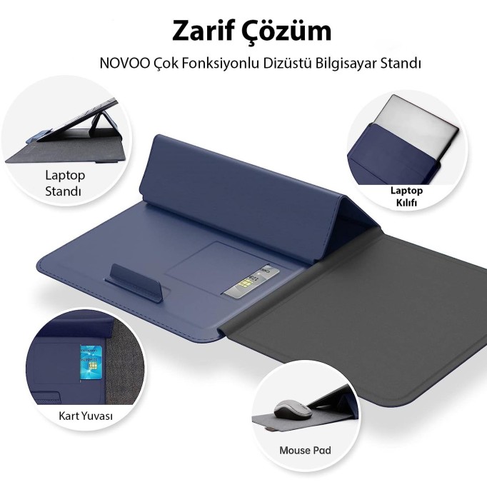 Novoo RT13 4'ü 1 Arada Mousepad Özellikli & Kart Yuvalı Laptop Standı ve Koruma Kılıfı Lacivert