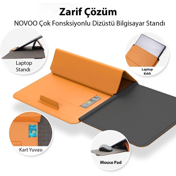 Novoo RT13 4'ü 1 Arada Mousepad Özellikli & Kart Yuvalı Laptop Standı ve Koruma Kılıfı Turuncu