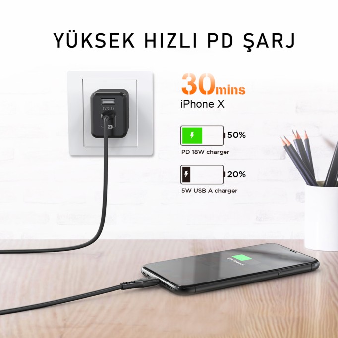 Novoo Type-C iPhone Lightning Hızlı Şarj Kablosu - 1.8 Metre