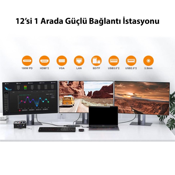 Novoo Type-C to 2*HDMI VGA 4*USB-A RJ45 Ethernet PD 100W AUX TF SD Kart Okuyucu Dönüştürücü