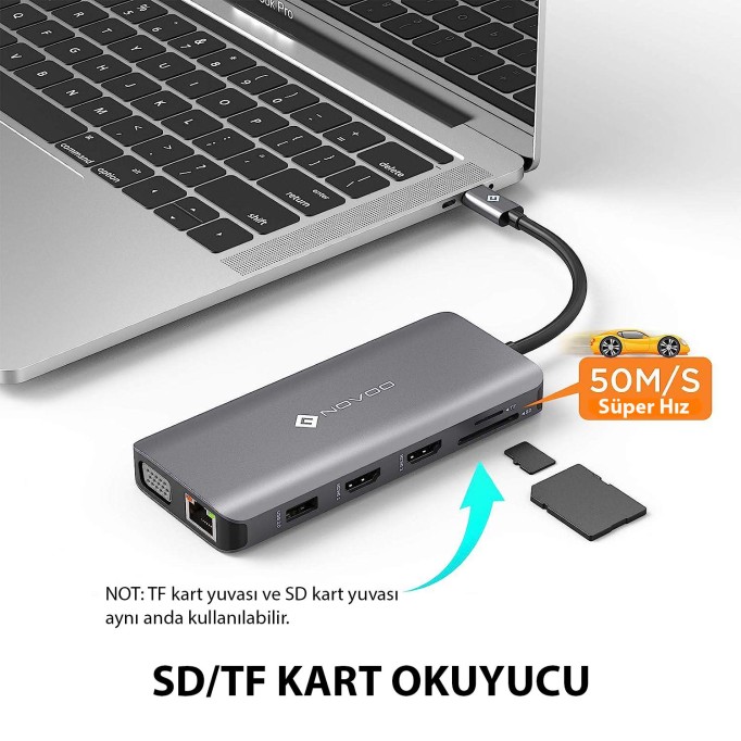 Novoo Type-C to 2*HDMI VGA 4*USB-A RJ45 Ethernet PD 100W AUX TF SD Kart Okuyucu Dönüştürücü