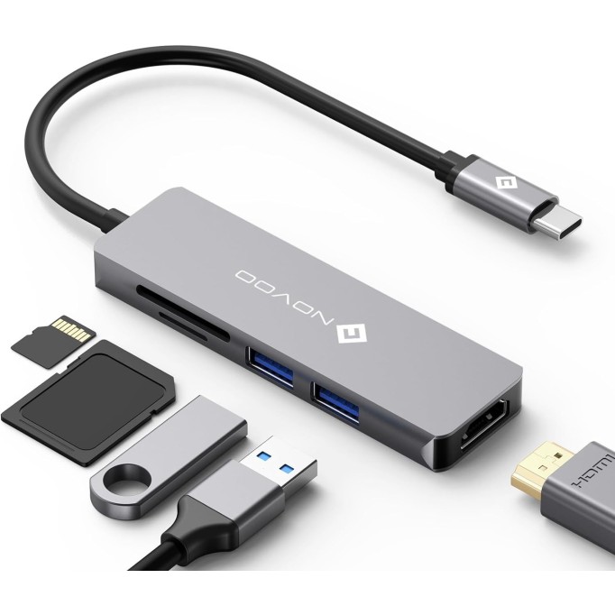 Novoo Type-C to 2*USB-A 3.0 4K HDMI TF SD Kart Okuyucu Dönüştürücü HUB