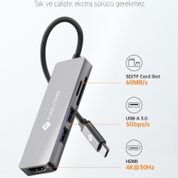 Novoo Type-C to 2*USB-A 3.0 4K HDMI TF SD Kart Okuyucu Dönüştürücü HUB Novoo Type-C to 2*USB-A 3.0 4K HDMI TF SD Kart Okuyucu Dönüştürücü HUB