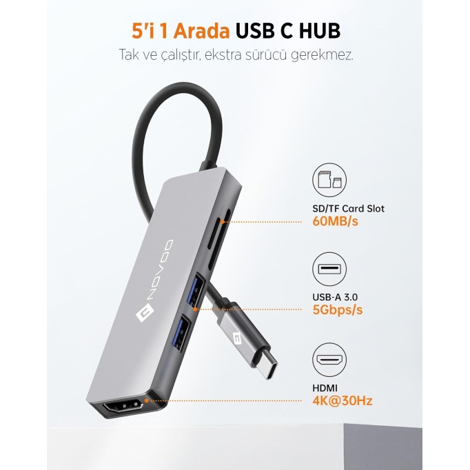 Novoo Type-C to 2*USB-A 3.0 4K HDMI TF SD Kart Okuyucu Dönüştürücü HUB