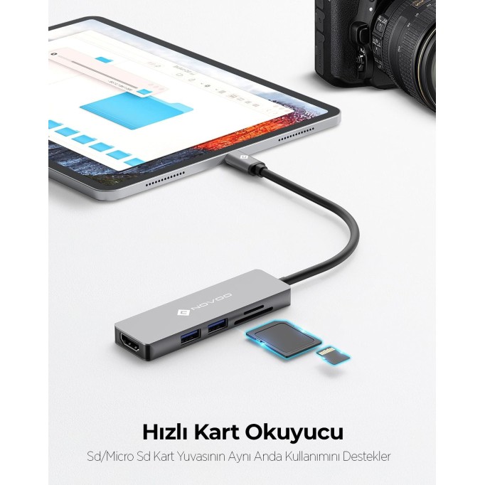 Novoo Type-C to 2*USB-A 3.0 4K HDMI TF SD Kart Okuyucu Dönüştürücü HUB