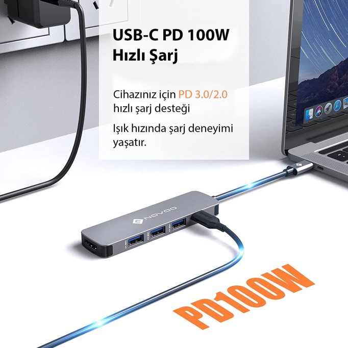 Novoo Type-C to 3*USB 3.0 4K HDMI PD 100W Dönüştürücü Adaptör