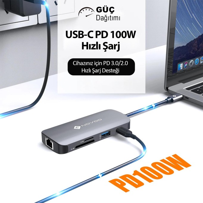 Novoo Type-C to 3*USB-A 3.0 4K HDMI RJ45 Ethernet PD TF SD Kart Okuyucu Dönüştürücü HUB