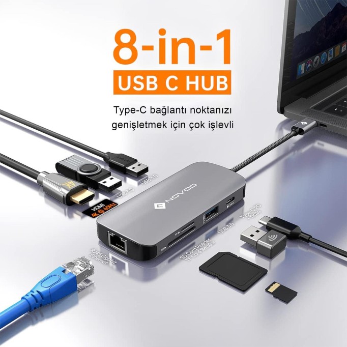 Novoo Type-C to 3*USB-A 3.0 4K HDMI RJ45 Ethernet PD TF SD Kart Okuyucu Dönüştürücü HUB