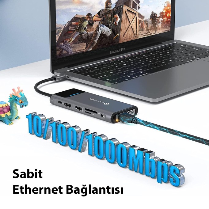 Novoo Type-C to 4*USB-A 2*HDMI VGA RJ45 Ethernet PD 100W AUX TF SD Kart Okuyucu Dönüştürücü