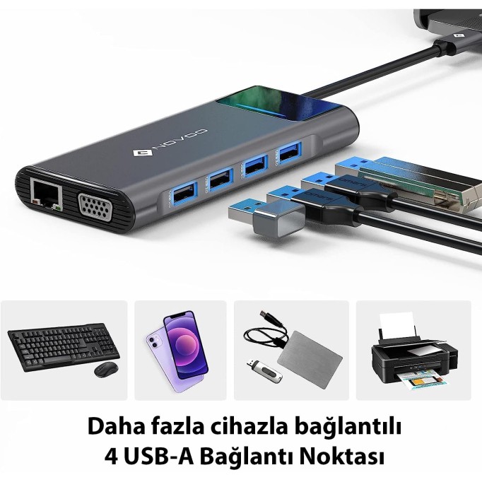 Novoo Type-C to 4*USB-A 2*HDMI VGA RJ45 Ethernet PD 100W AUX TF SD Kart Okuyucu Dönüştürücü