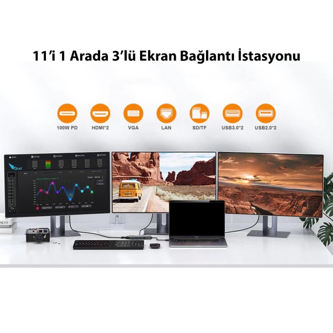 Novoo Type-C to 4*USB-A 2*HDMI VGA RJ45 Ethernet PD 100W TF SD Kart Okuyucu Dönüştürücü