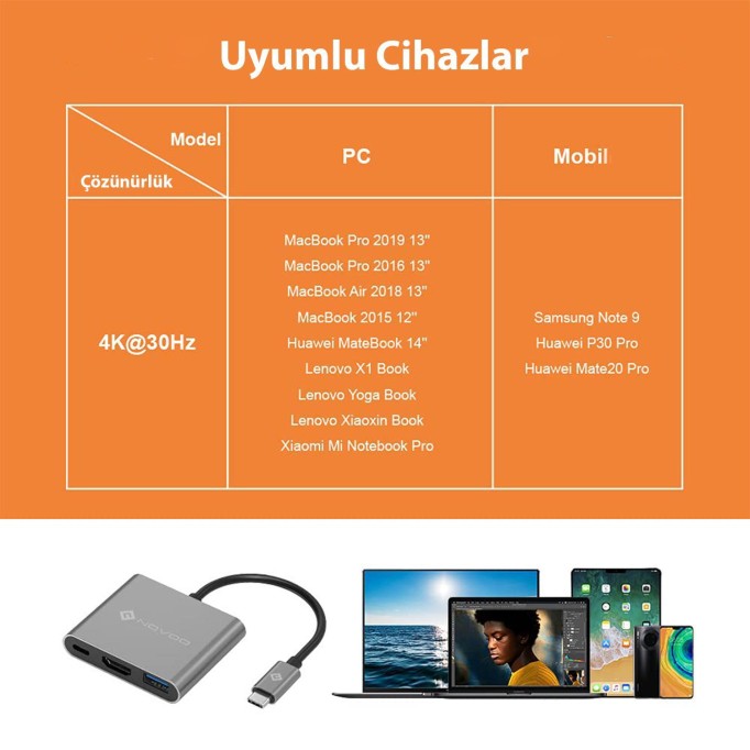 Novoo Type-C to USB-A 3.0 4K HDMI PD 100W Dönüştürücü Adaptör