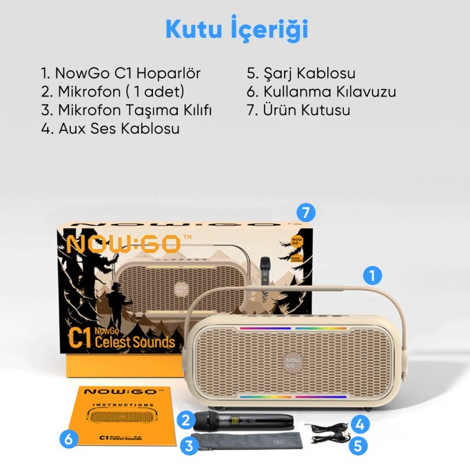 NowGo C1 100W Taşınabilir RGB IPX4 Bluetooth Hoparlör Mikrofonlu Karaoke Sistemi Bej