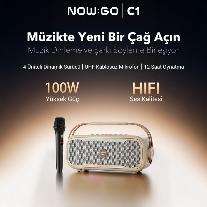 NowGo C1 100W Taşınabilir RGB IPX4 Bluetooth Hoparlör Mikrofonlu Karaoke Sistemi Bej