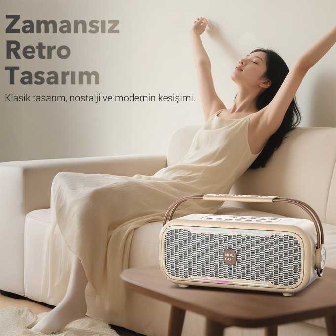 NOWGO C2 60W Mikrofonlu Bluetooth Hoparlör RGB IPX4 Taşınabilir Karaoke Sistemi Bej