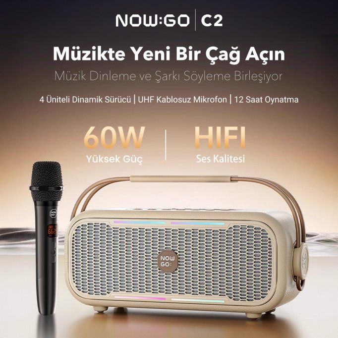 NOWGO C2 60W Mikrofonlu Bluetooth Hoparlör RGB IPX4 Taşınabilir Karaoke Sistemi Bej