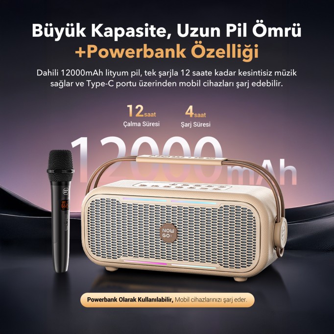 NOWGO C2 60W Mikrofonlu Bluetooth Hoparlör RGB IPX4 Taşınabilir Karaoke Sistemi Bej