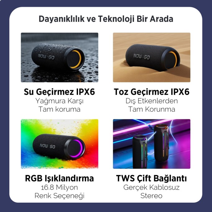 NowGo F6 20W RGB Speaker Su Geçirmez Taşınabilir Kablosuz Bluetooth Hoparlör Gri