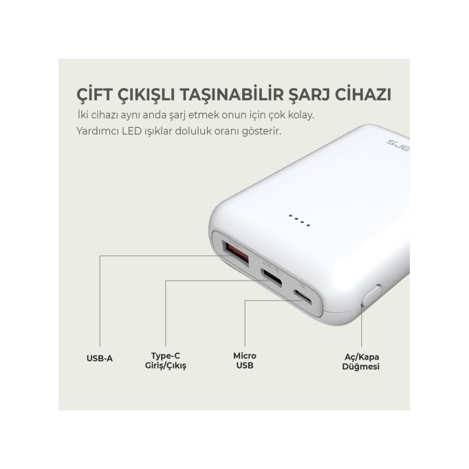Omars 10000 mAh PD 20W Mini Powerbank Çift Çıkışlı Type-C & USB-A Beyaz
