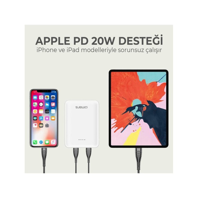 Omars 10000 mAh PD 20W Mini Powerbank Çift Çıkışlı Type-C & USB-A Beyaz