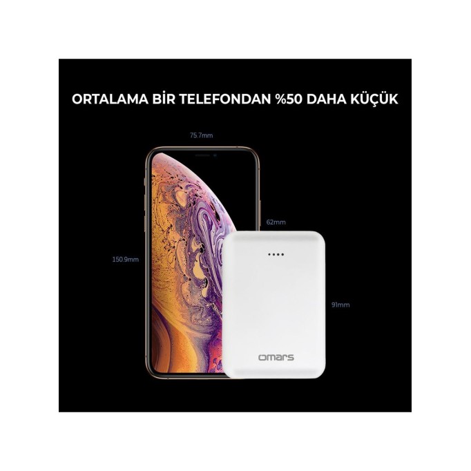Omars 10000 mAh PD 20W Mini Powerbank Çift Çıkışlı Type-C & USB-A Beyaz
