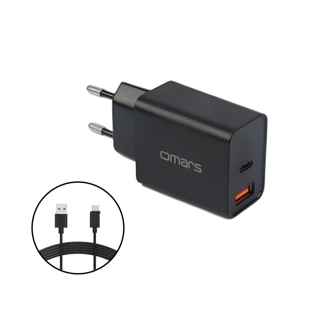 Omars 18W Çift Çıkışlı Type-C - USB Hızlı Şarj Cihazı ve 1 Metre Type-C Kablo