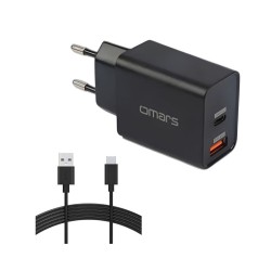 Omars 18W Çift Çıkışlı Type-C - USB Hızlı Şarj Cihazı ve 1 Metre Type-C Kablo