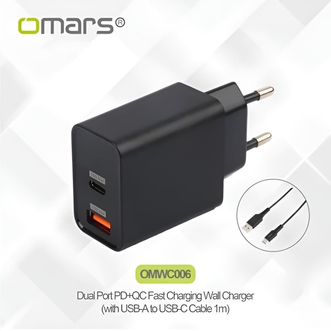 Omars 18W Çift Çıkışlı Type-C - USB Hızlı Şarj Cihazı ve 1 Metre Type-C Kablo