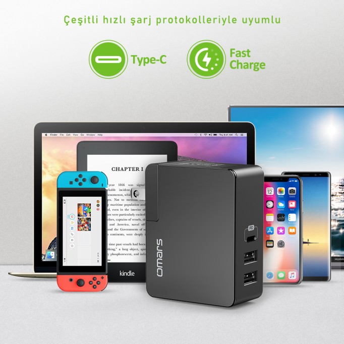 Omars 45W Çift USB ve Type-C PD Evrensel Hızlı Şarj Cihazı